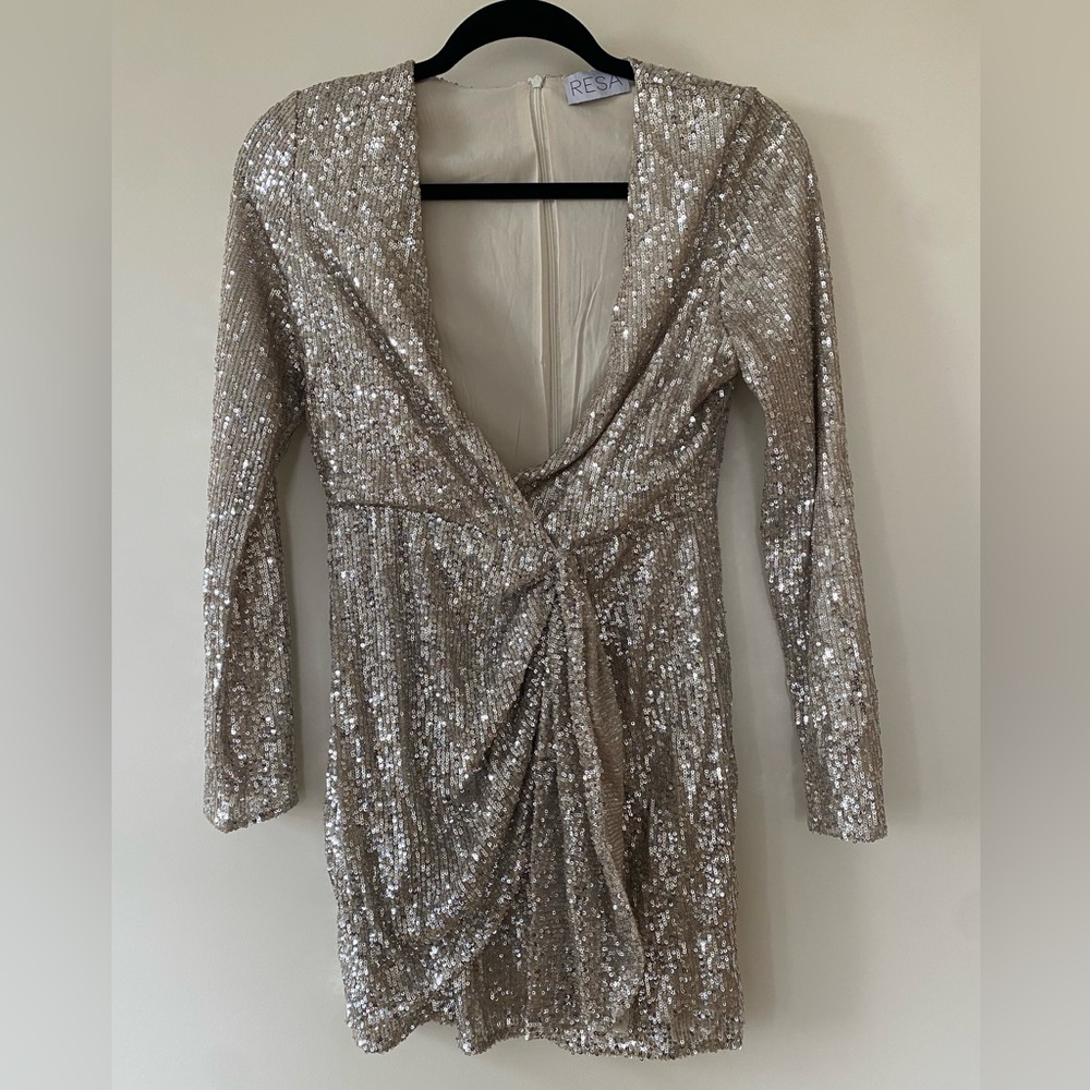 RESA Silver Sequined Long Sleeved Mini Dress Size S